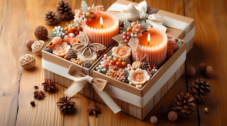 Handcrafted scented candles for gifts, presented in festive packaging