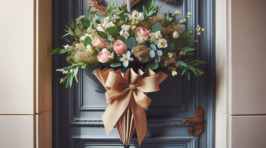 a hanging umbrella wreath with fresh flowers