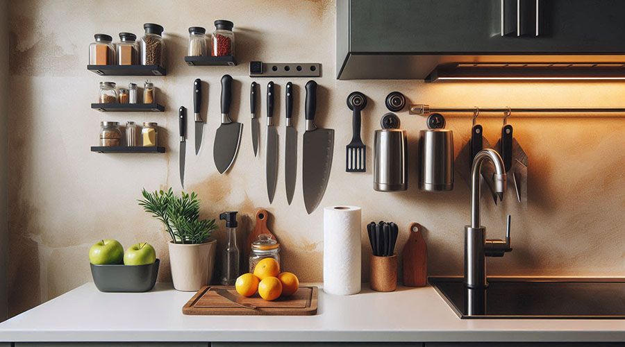 Industrial kitchen design with wall-mounted organizers