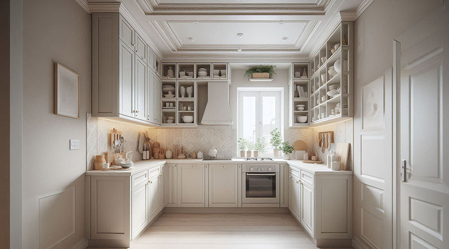 Classic beige kitchen with white cabinets