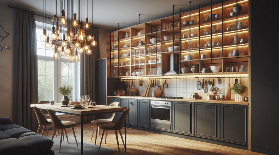 Modern kitchen with open shelving and pendant lighting