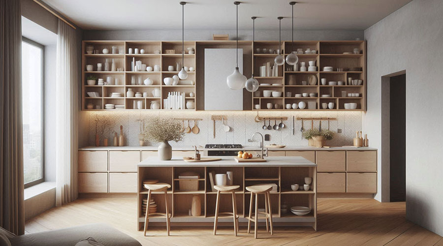 Modern kitchen with open shelving and large island