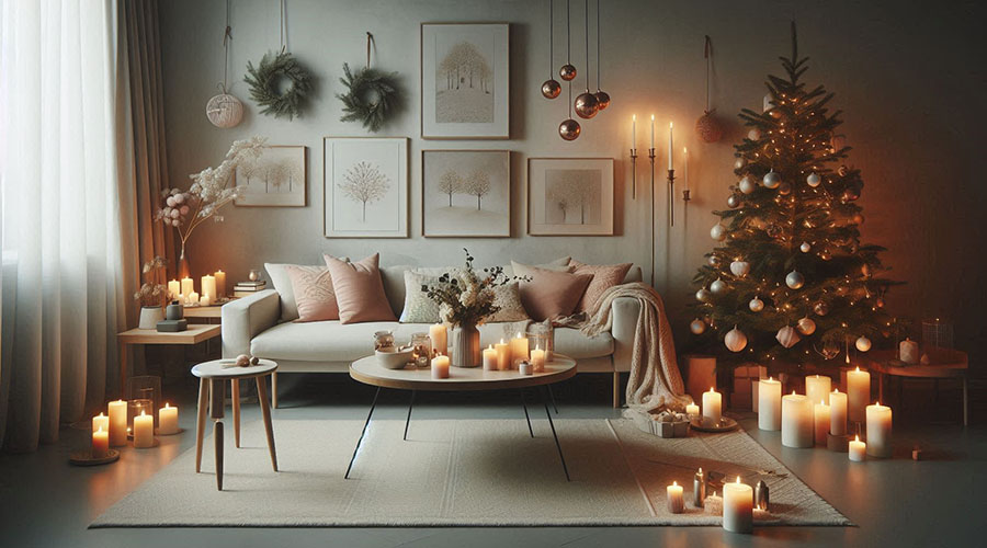 Christmas tree and cozy living room decor with candles