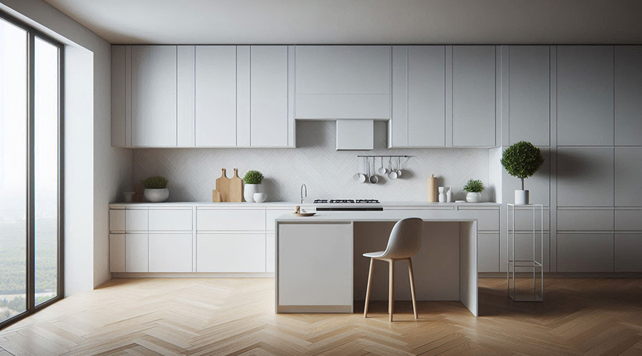 Modern kitchen with high cabinets and large island