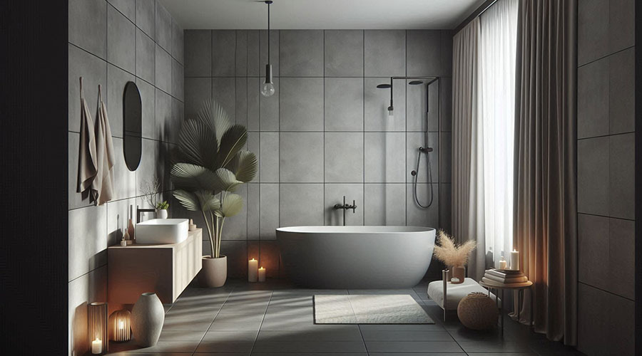 bathroom with matte gray tiles and freestanding bathtub