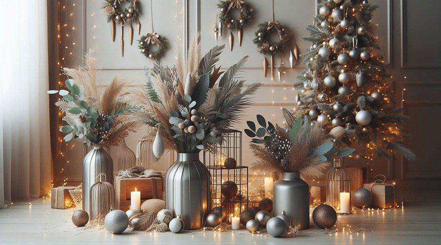 Home decorated with various dried foliage arranged in silver vases for Christmas