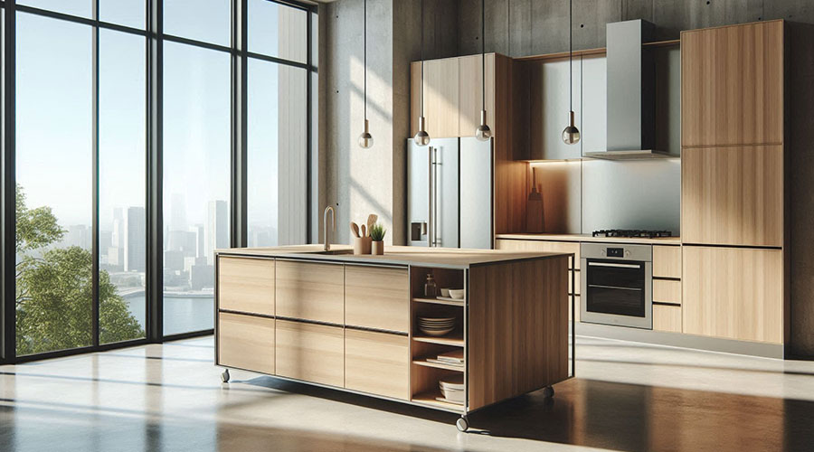 Modern kitchen with mobile island and city view