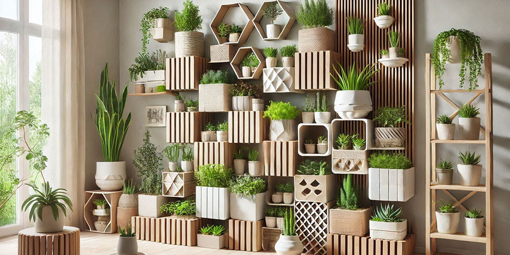 Modular indoor garden with various plants in different pots and containers on wooden shelves