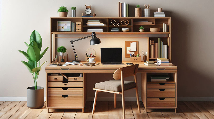 Modern wooden desk with built-in shelves and drawers for organized workspace.