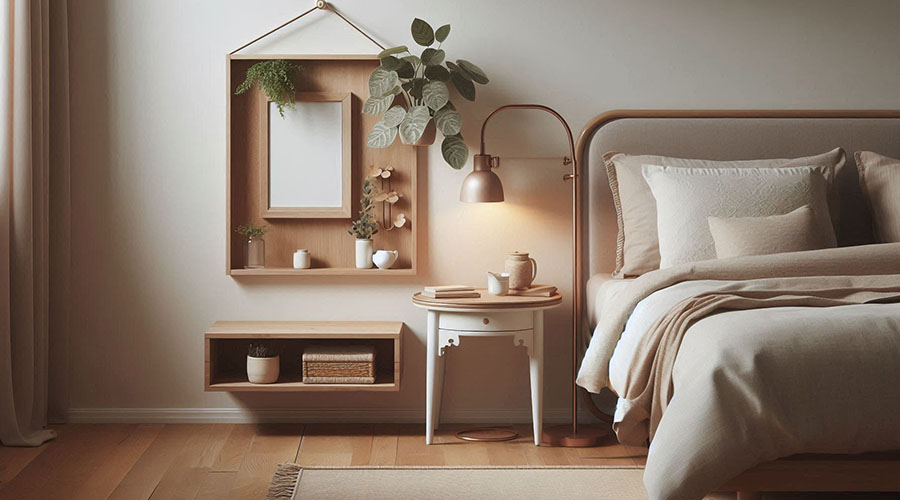 Modern bedroom with wooden nightstand and hanging shelf