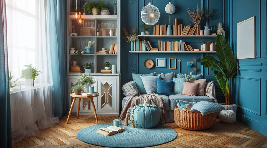 Cozy blue reading nook with a comfortable sofa and bookshelves