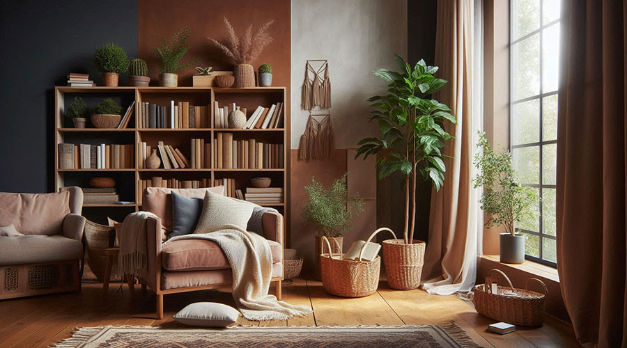  Inviting brown reading nook with a comfortable armchair and bookshelf