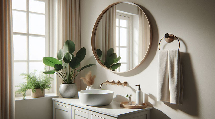 Modern bathroom with round mirror and marble accents