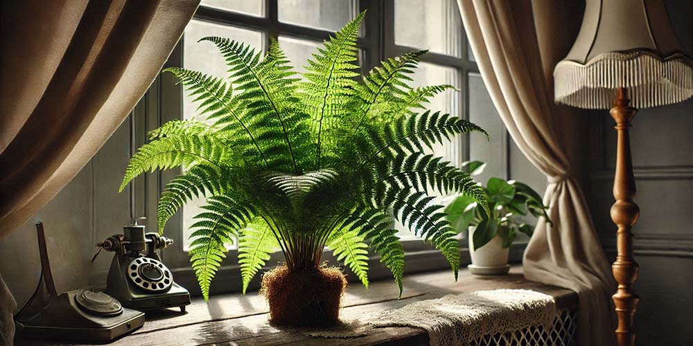 A vibrant fern plant with delicate fronds, enjoying the dappled light indoors.