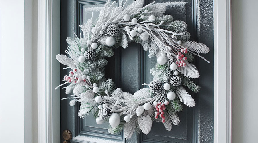 snowy white wreath hung on entry doo