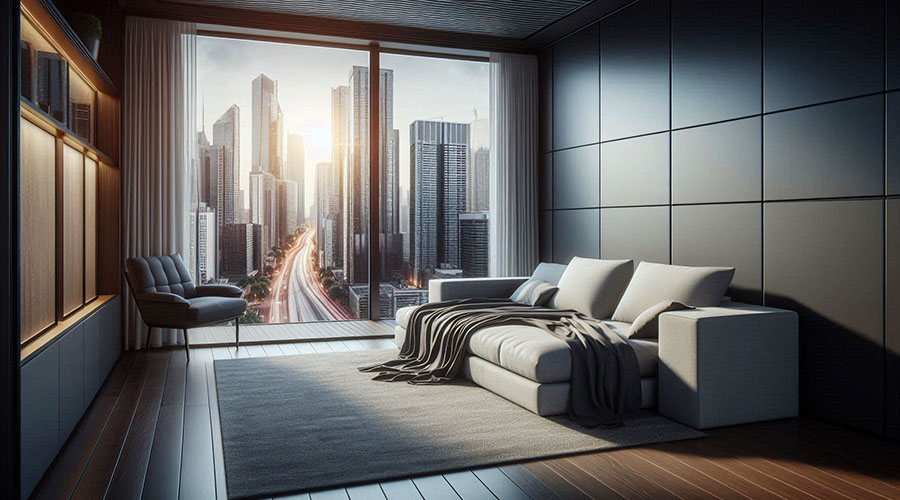 Modern living room with a comfortable sofa bed, overlooking a stunning cityscape at sunrise