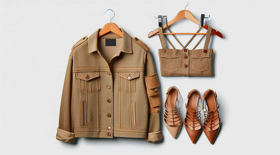 Brown denim jacket, crop top, and heels hanging on hangers