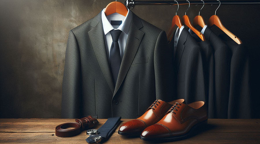 Man's suit, shoes, watch, belt, and tie on a wooden table