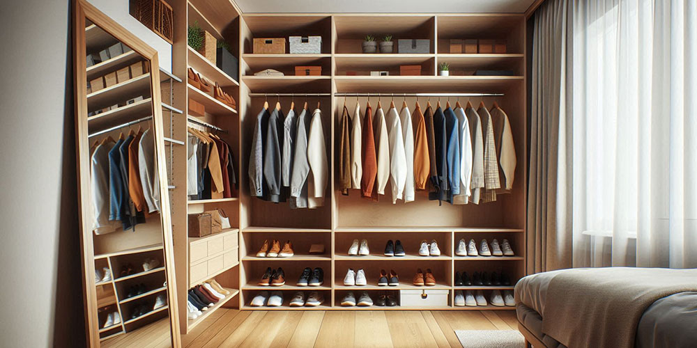 Tidy wardrobe with clothes hanging on a rack and shoes neatly organized on shelves.