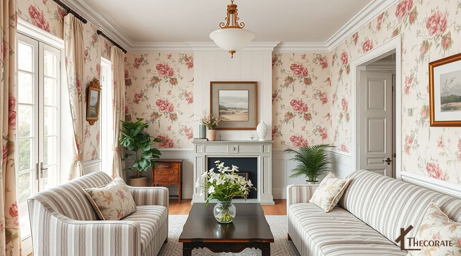 a traditional home decor style with floral and stripes patterns