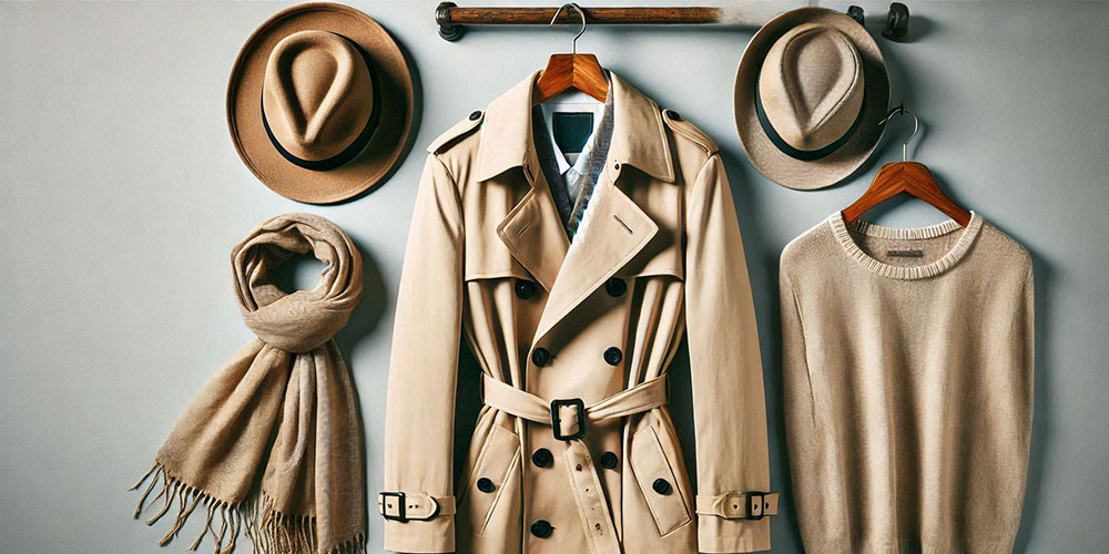 Beige trench coat hanging on a wooden hanger, with a brown hat, a scarf, and a sweater.