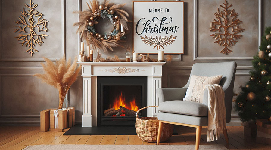 Christmas trendy wall sign above a fireplace