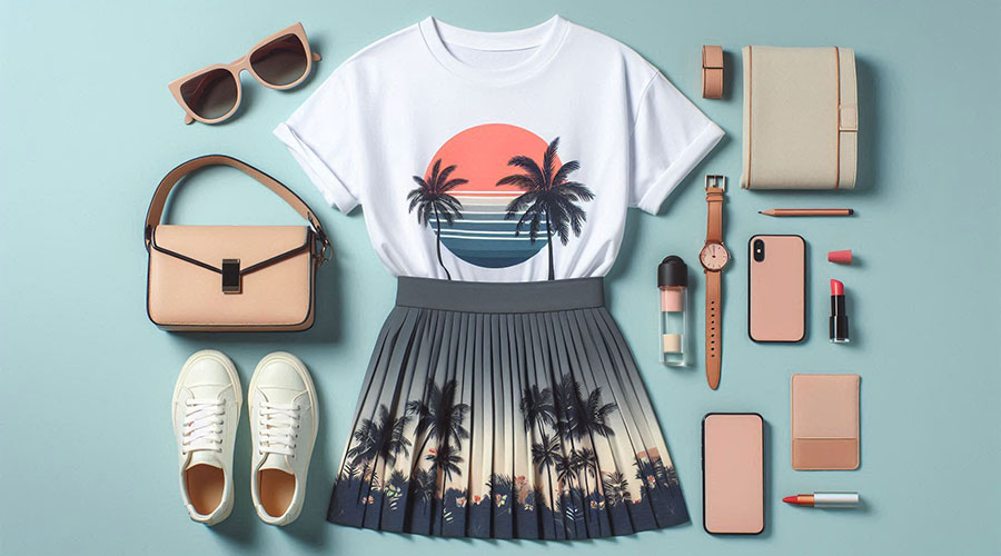 Palm Tree Graphic T-shirt and Pleated Skirt Outfit