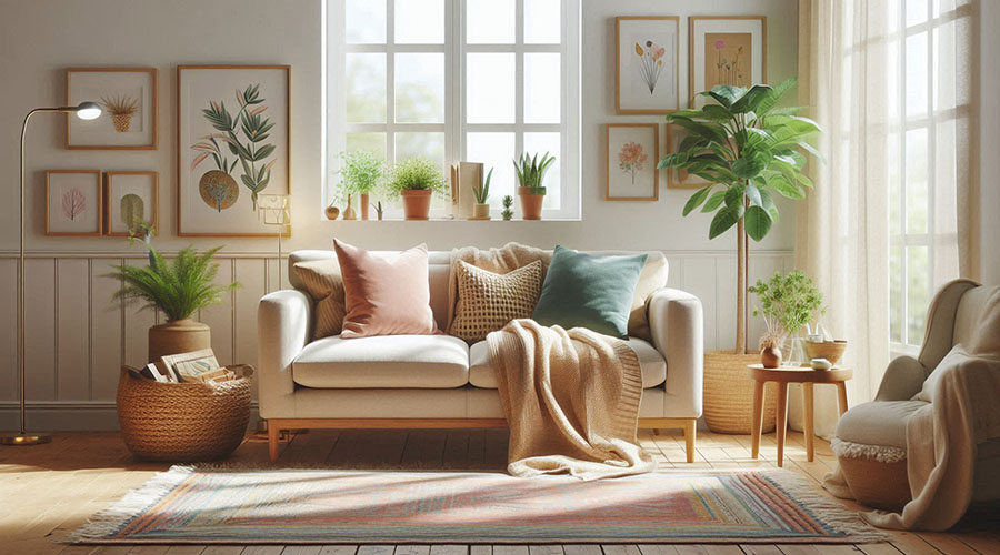 Comfortable two-seater sofa in a cozy living room with potted plants, artwork, and a warm rug.