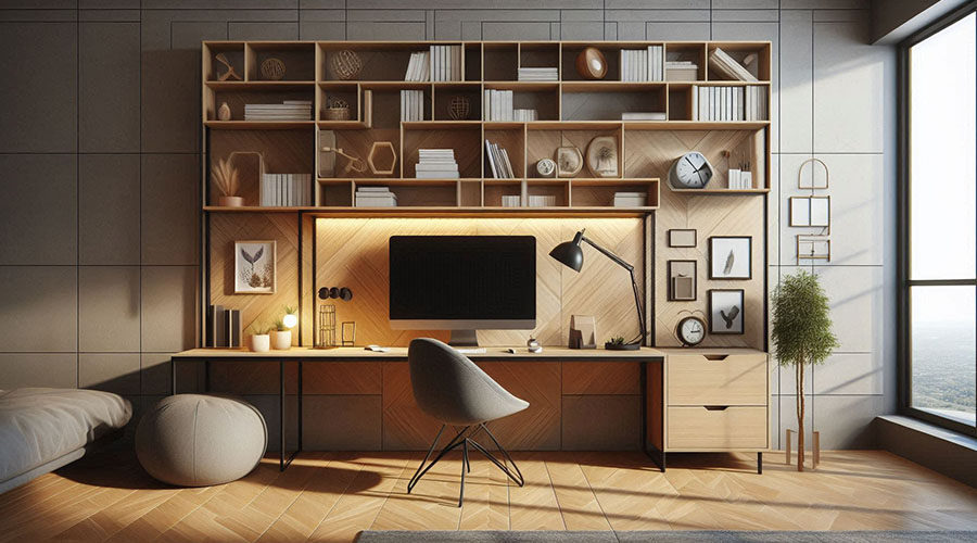 Wall-mounted desk with built-in shelving and a comfortable chair in a modern home office.