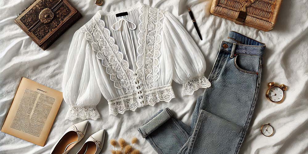 White crochet lace blouse with denim jeans