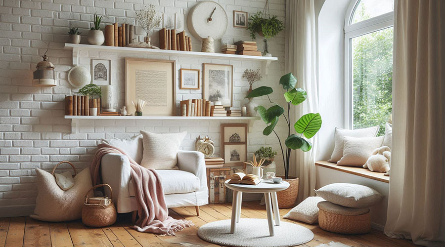 Cozy living room with white armchair, bookshelf, and plants