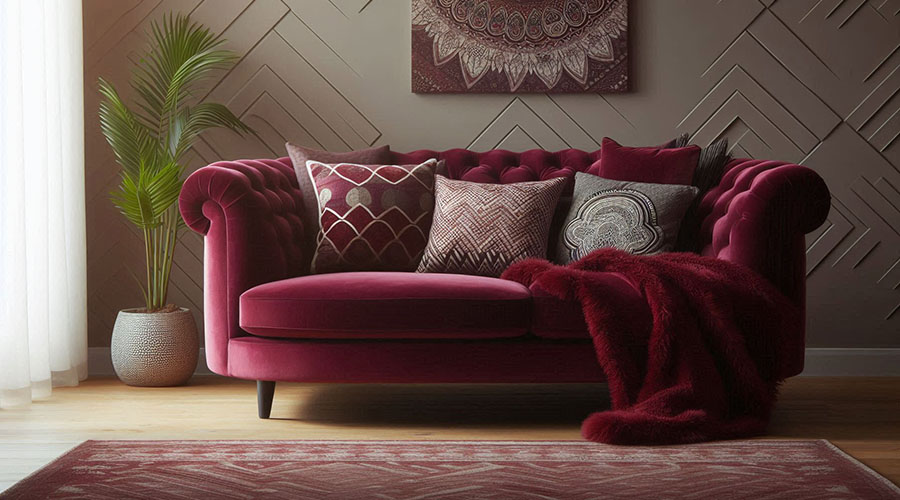 Burgundy velvet sofa with throw pillows and a faux fur throw