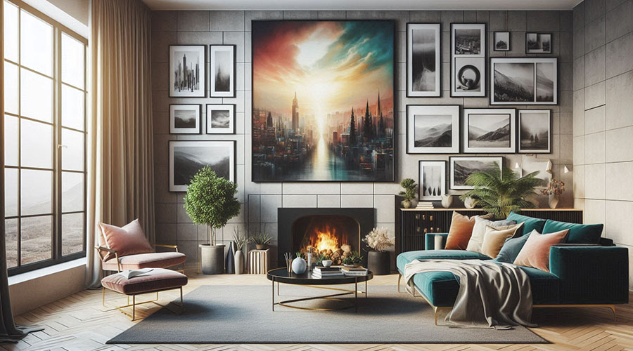 Living room with colorful painting and black and white photos