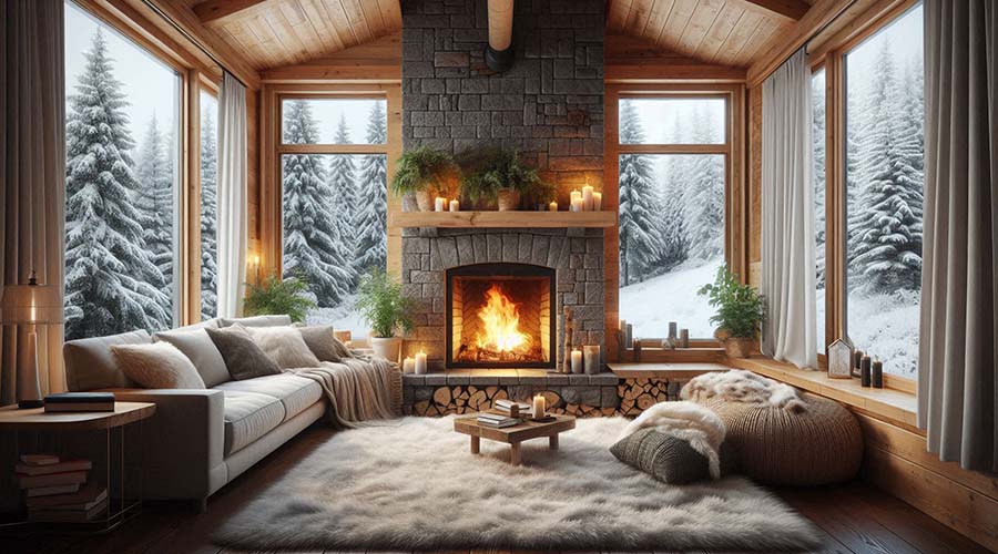 Cozy living room with a roaring fireplace and large windows overlooking a snowy winter landscape.