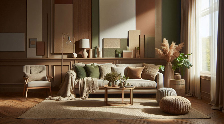 Living room with earthy tones, featuring a beige sofa, wooden coffee table, and a variety of pillows and throws.