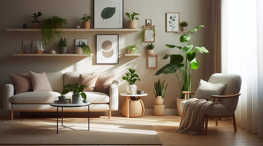 Living room with potted plants on shelves and side tables