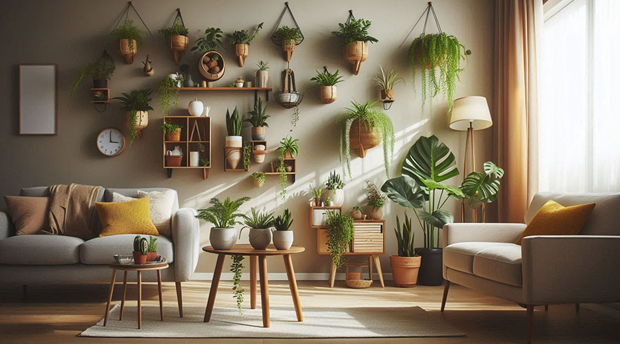 Lush indoor jungle with hanging planters and wall-mounted greenery