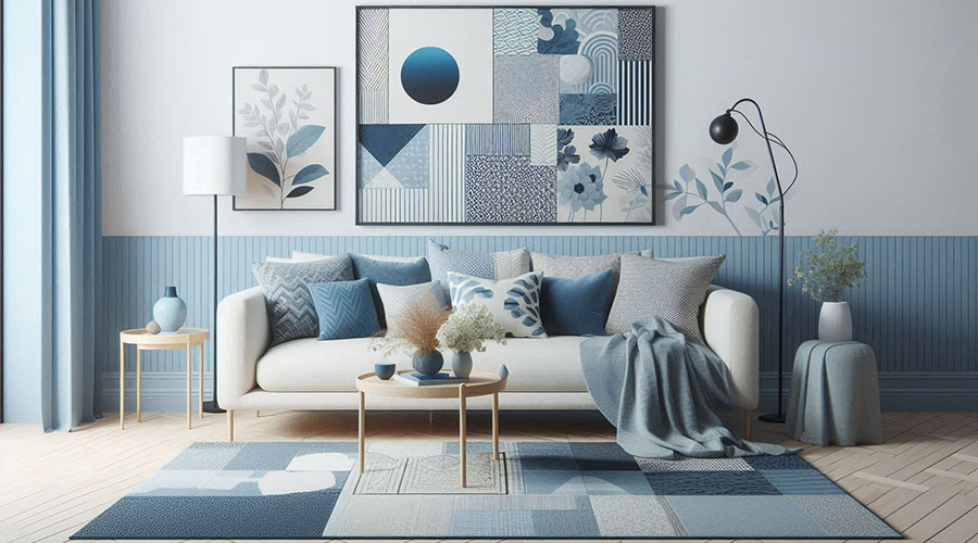 Modern living room with blue floral, striped, and geometric patterns