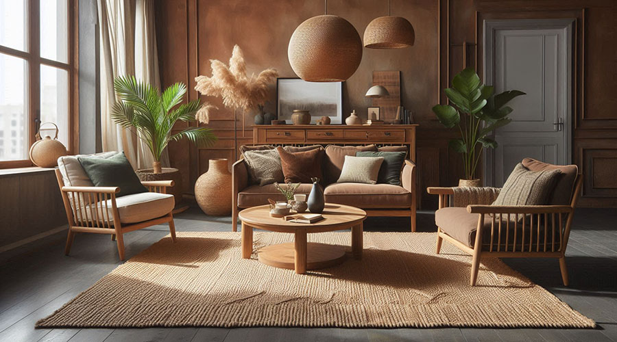 A living room with a jute rug, wooden furniture, and a rich terracotta accent wall.