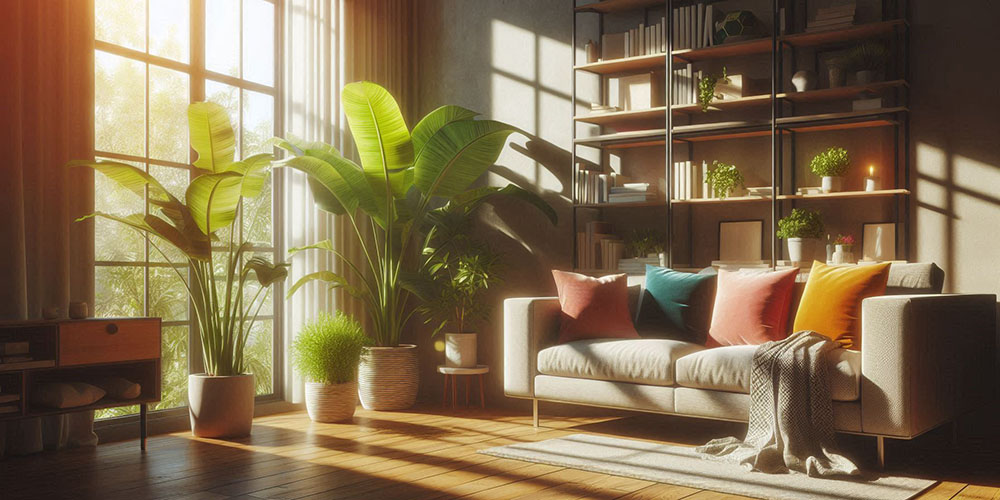 Large houseplant in a modern living room with sunlight streaming through a window