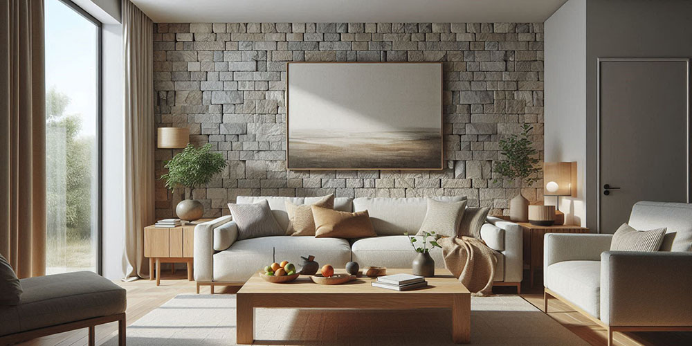 A cozy living room with a stone accent wall, wooden furniture, and natural elements like plants and a fruit bowl.