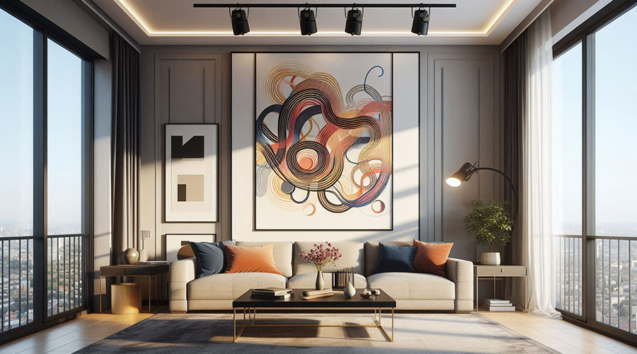 Abstract artwork on a wall with track lighting above in a modern living room