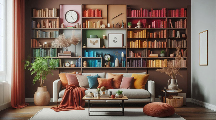 A colorful wall of bookshelves filled with various books and decor items.