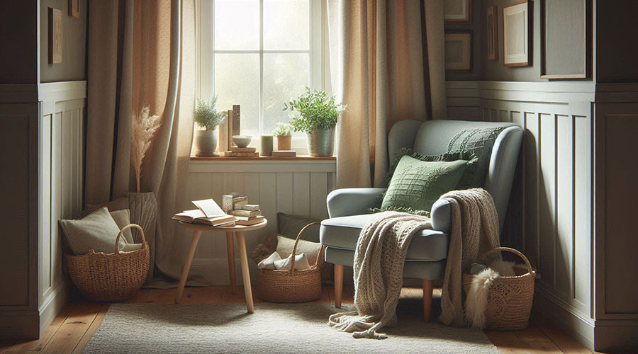 A cozy reading nook with an armchair, pillows, a blanket, and a side table with books.