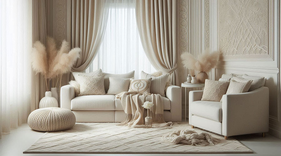 Beige living room with white sofa, armchair, and pampas grass.