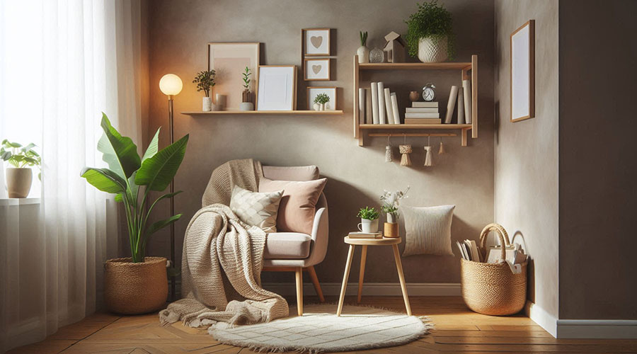 Cozy reading nook with armchair, blanket, side table, and bookshelves in a warm, inviting room.