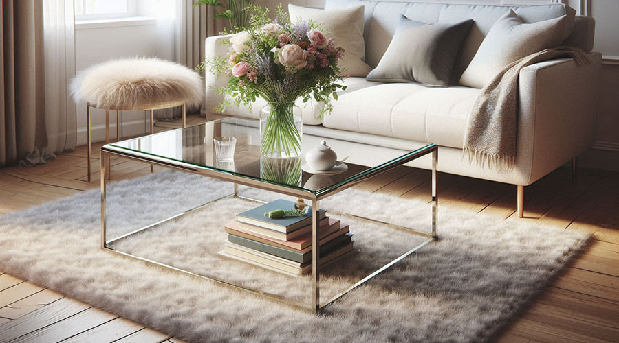 Transparent coffee table with chrome frame, home decor, living room