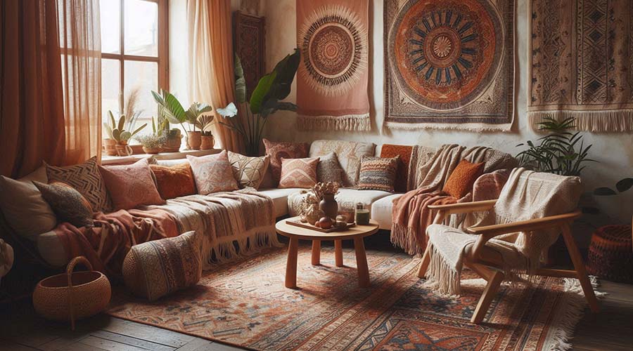 Bohemian Living Room Decor with Colorful Pillows, Rugs, and Tapestry Wall Hangings