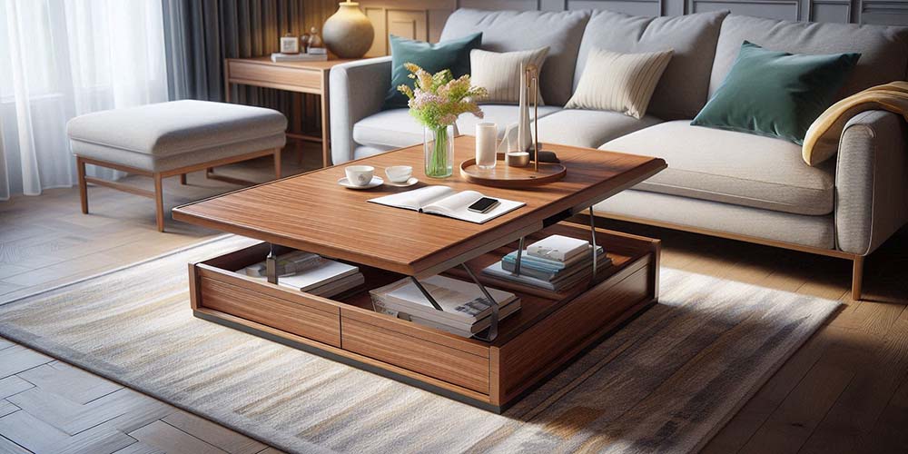 Modern living room with functional coffee table, featuring a spacious top surface, hidden storage drawers, and a lift-top mechanism for versatile use.