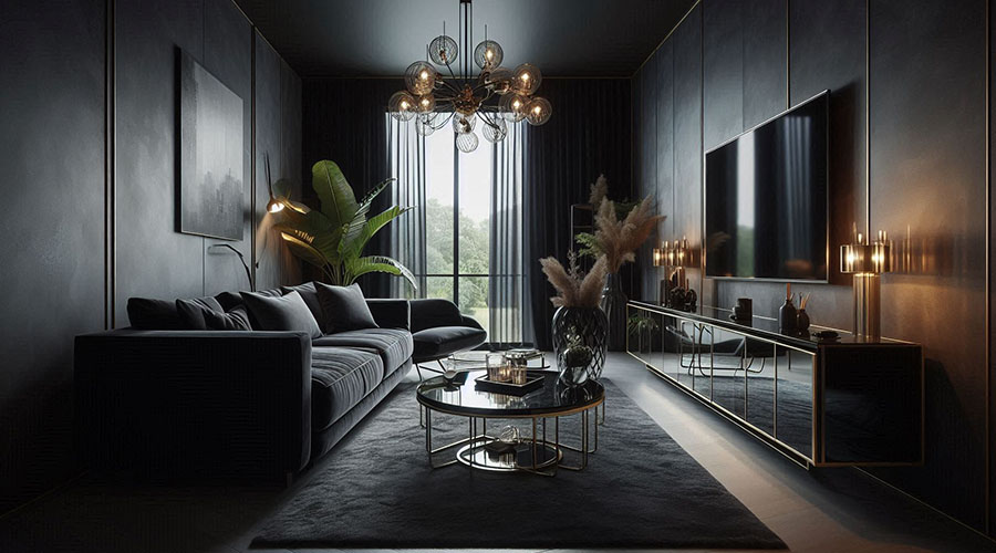 Dark living room with black furniture, a large TV, and a round coffee table.